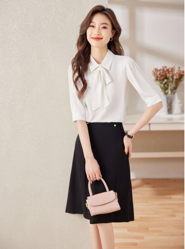 レディース 5分袖シャツ+膝丈スカート 着痩せ OL 通勤 フォーマル 卒業式 結婚式 二次会 女性 成人式 5分袖シャツ カジュアル フォマール 白シャツ Vネック S/M/L/XL/2XL/3XL