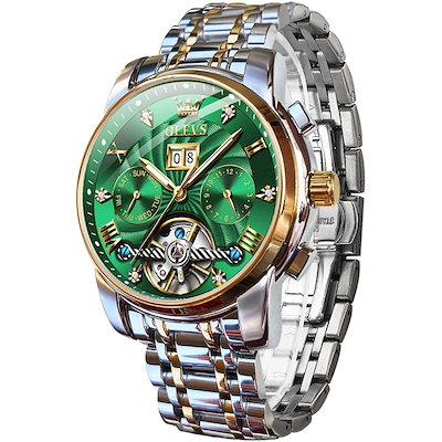 OLEVS うで時計 メンズ 腕時計 自動巻き 金色 ゴールド 人気 おしゃれ スケルトントゥールビヨン風 防水 夜光 日付