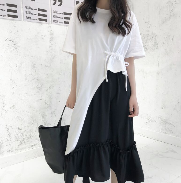 半袖Tシャツ トップス Tシャツ 袖あり l ラウンドネック アシンメトリー 前開き 綿 ポリエステル 大人可愛い シンプル カジュアル 大人 おしゃれ お洒落 大人可愛い 大人女子 個性的 クー