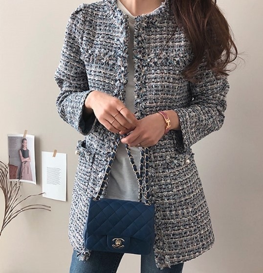 5154.パールツイードジャケット（ブルー）2019 春夏 sale 春夏 sale アウター ジャケット 美ライン おしゃれ カジュアル ミディアム フォーマル エレガント オフィス ビジネス お出