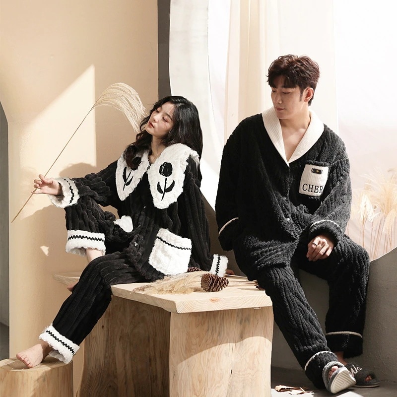 パジャマ レディースブラックロングパイルの繊維復古カップルパジャマ２点セット冬フリース裏起毛极厚メンズルームウェア韓国新作 QYSY6030%制限