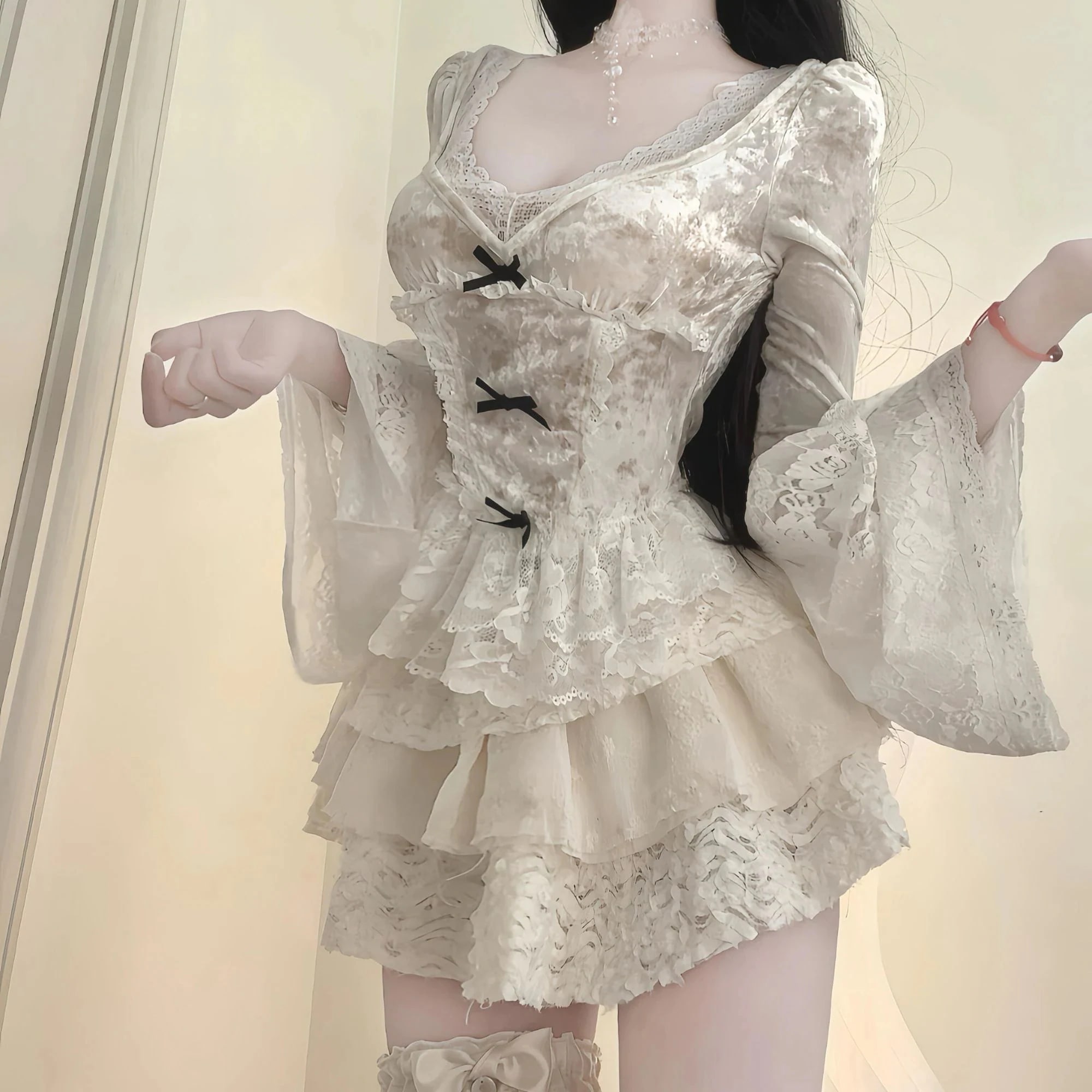 フレンチ 純欲風 長袖トップス+ミニスカート 2点セット 甘くてかわいい レース ショートスカート セットアップ レディース カジュアル 上下セット