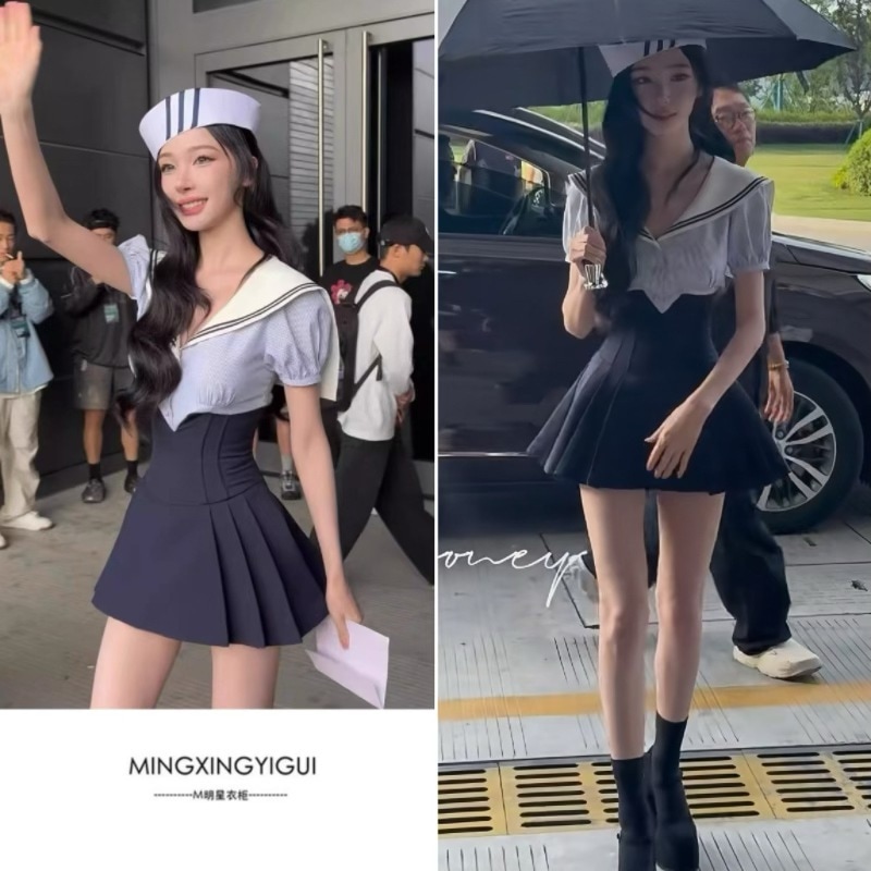 易夢玲風セーラーカラーシャツ婦人用2025年夏の新型着痩せプリーツスカートセーラー服セット