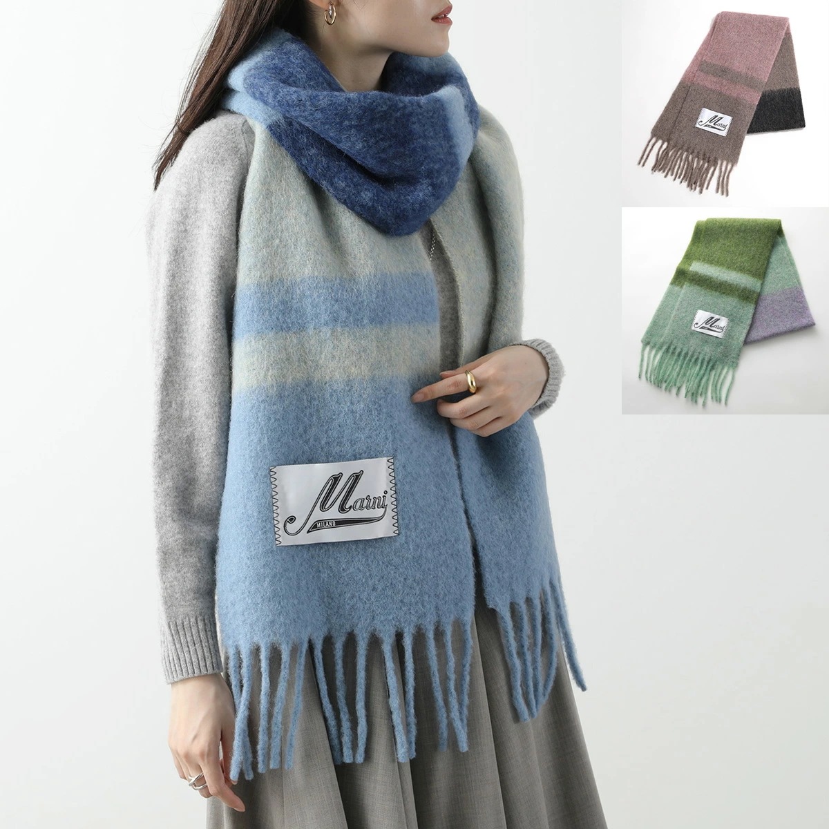 MARNI マルニ マフラー SCMC0122Y0 UAW037 レディース ロゴ ボーダー フリンジ 大判 ウール モヘヤ アルパカ ストール カラー3色
