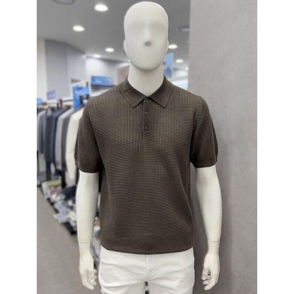 男性夏半袖綿混スカシ柄プルオーバーポロカラーネックニットトップTシャツ2カラー_JK