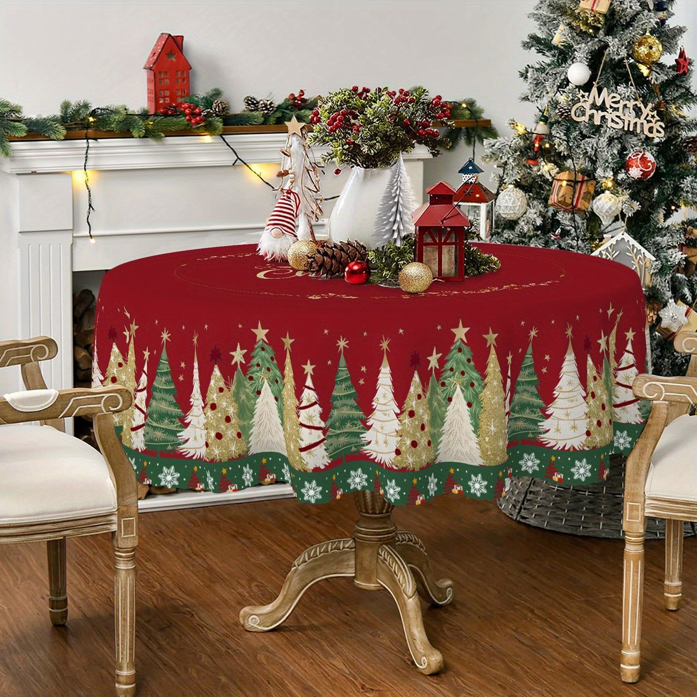 テーブルクロス ラウンド型 クリスマス レッド デコレーション 装飾 パーティー ポリエステル ツリー スノーフレークty195