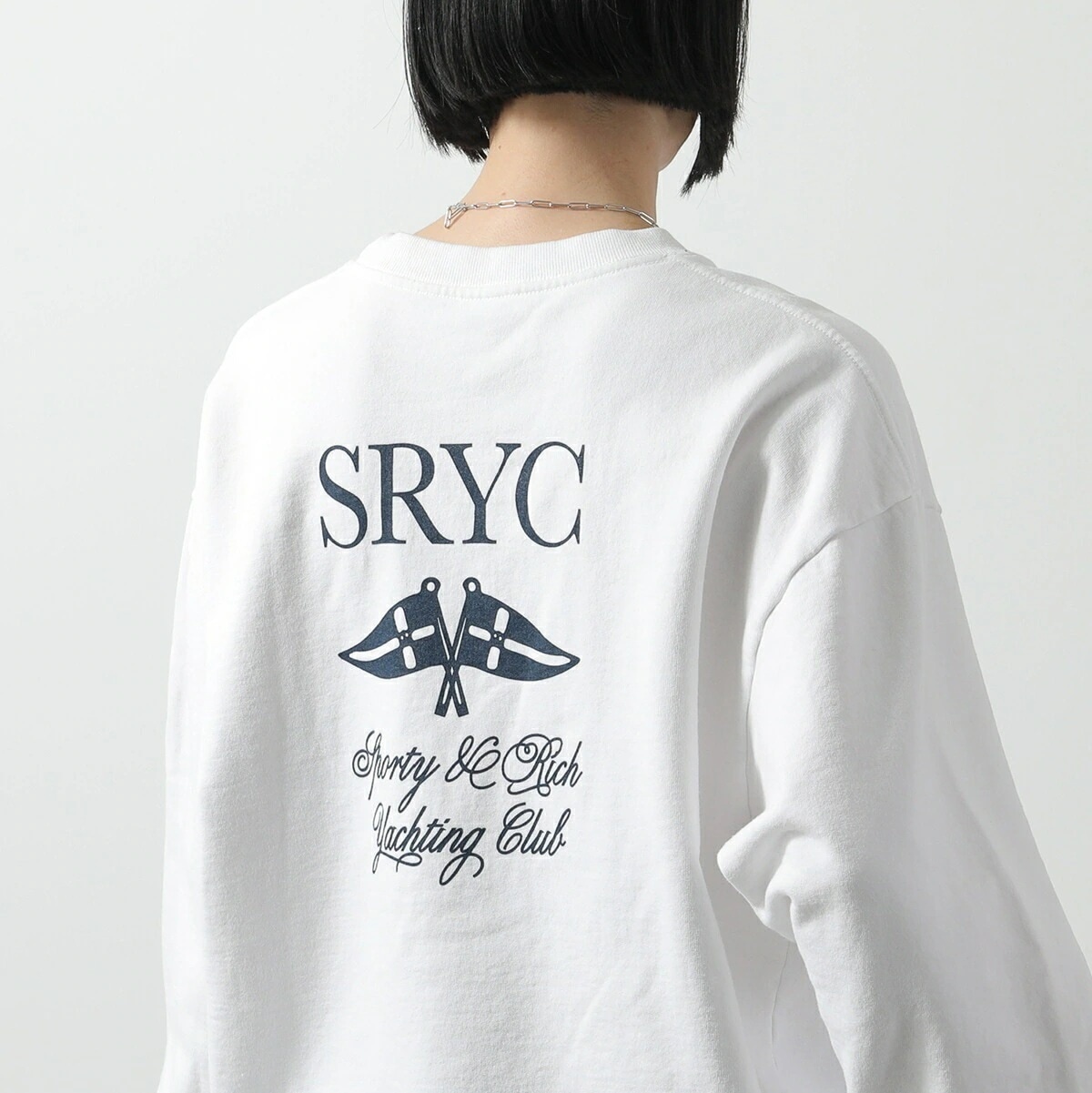 SPORTY＆RICH スポーティアンドリッチ トレーナー CR884 レディース スウェット 長袖 クルーネック 裏起毛 コットン ロゴ オーバーサイズ ホワイト 【mega】