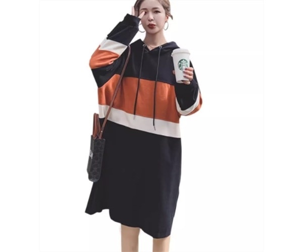 スウェット風 レディース ワンピース プルオーバー ニットワンピ 膝丈 ミドル丈 長袖 フード かわいい 大人可愛い シンプル カジュアル おしゃれ レトロ ラフ スポーティー ルーズ 個性的 クール