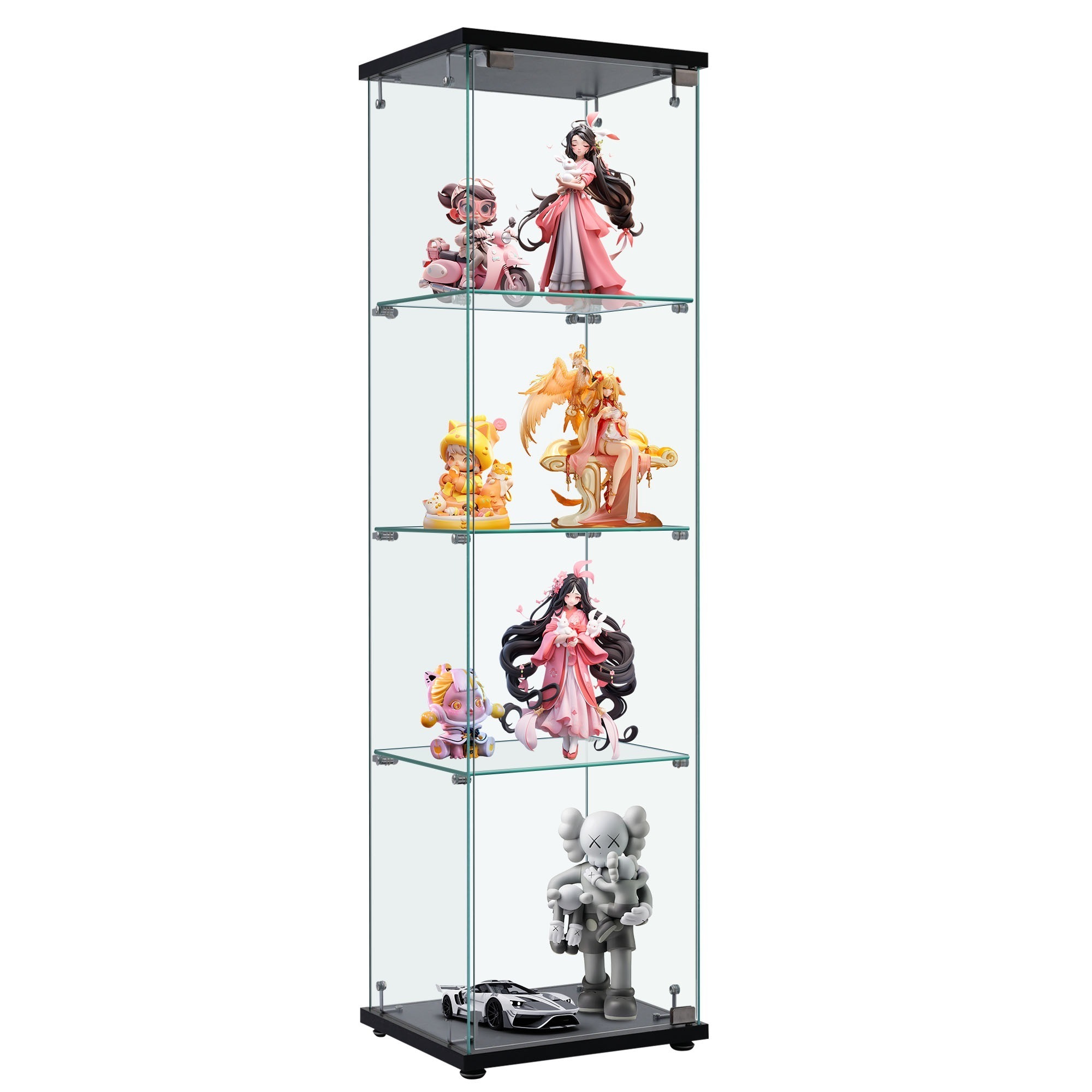 【大好評！最安値挑戦!】コレクションケース ガラスディスプレイキャビネット フィギュアケース 4段 ブラック 強化ガラス 全面ガラス サイズ:幅42.5奥行36.5高さ162cm Black MDF+ 12,958円