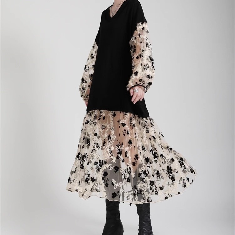 レディース ワンピース フレア ミモレ ロング 長袖 Vネック Aライン アシンメトリー ドッキング 透け感 シースルー ヴィンテージ 切り替えデザイン かわいい 大人可愛い おしゃれ こなれ感