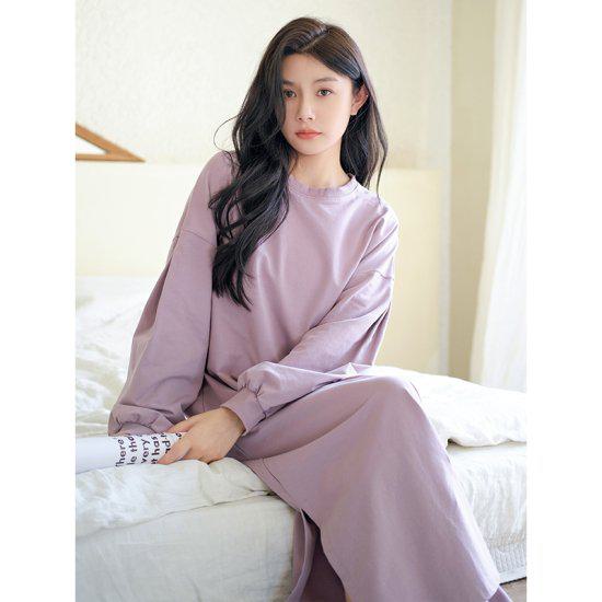 ルームウェア レディース ルームワンピース 長袖 秋 シンプル 無地 ロングワンピース 大きいサイズ おうち服 部屋着 寝巻き ラウンドネック コットン スリット リラックス おしゃれ 大人女子 カジ