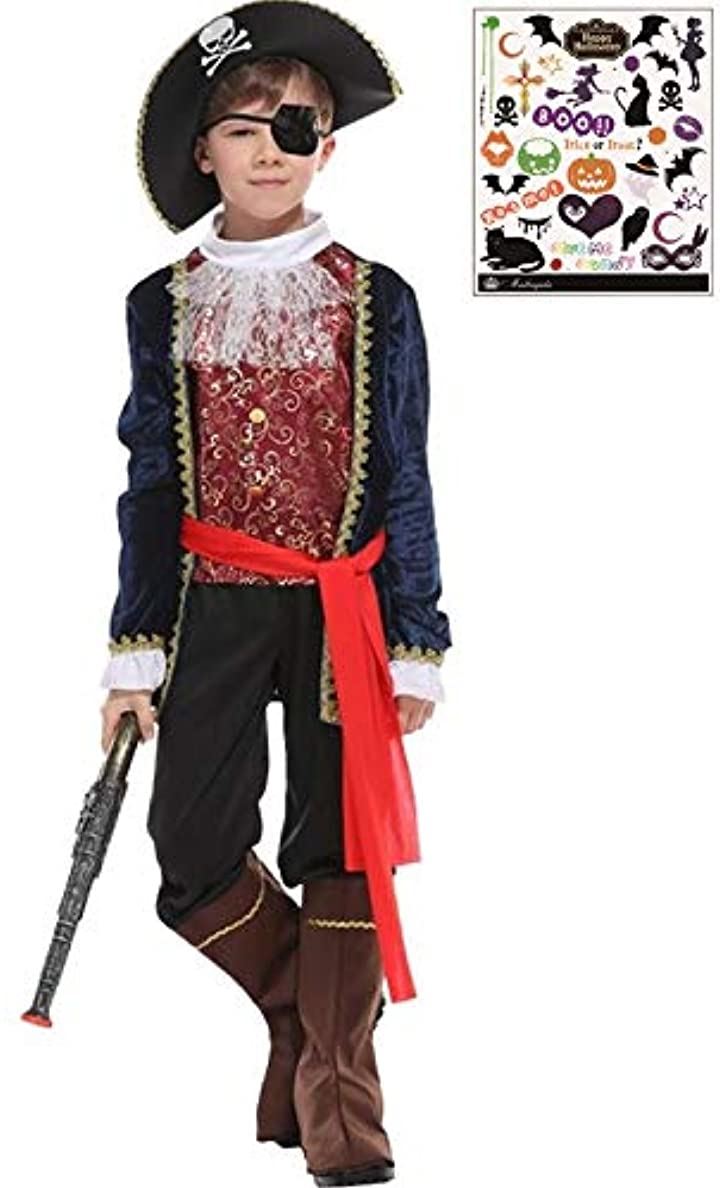 パイレーツ キッズ 海賊 船長 高級タイプ ブルー ハロウィン シール付き 2点セット キッズコスチューム 男の子 S701 M(青, M(110cm-120cm))