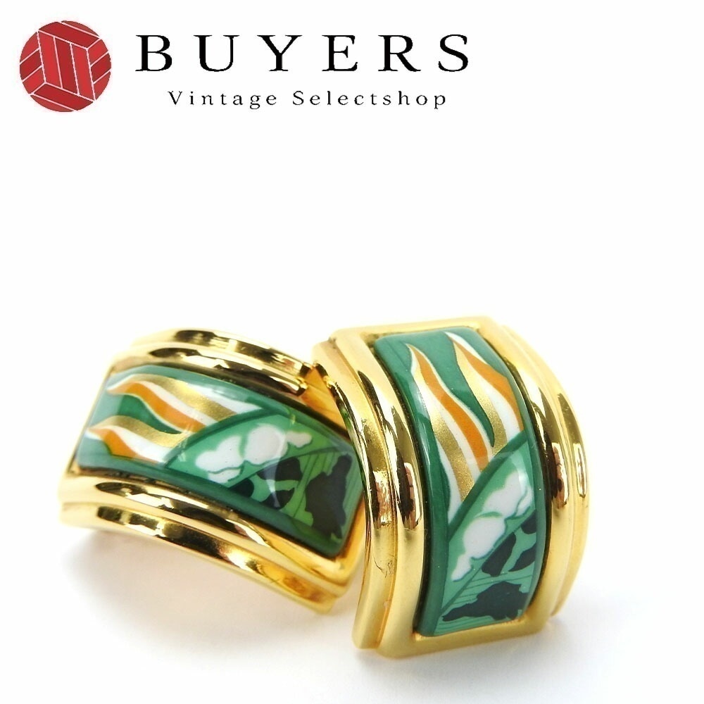 中古 エルメス イヤリング エマイユ グリーン ゴールド 七宝焼き GP メッキ アクセサリー ジュエリー 小物 オシャレ レディース 女性 HERMES earrings accessory