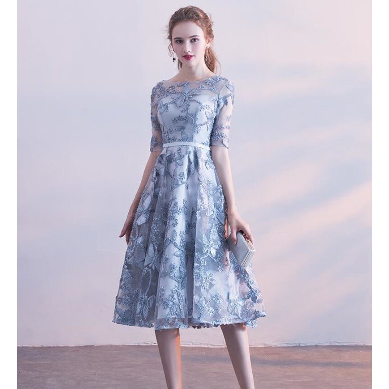 パーティードレス 結婚式 ドレス 袖あり ロングドレス 演奏会 紺色ドレス きれいめ パーティドレス