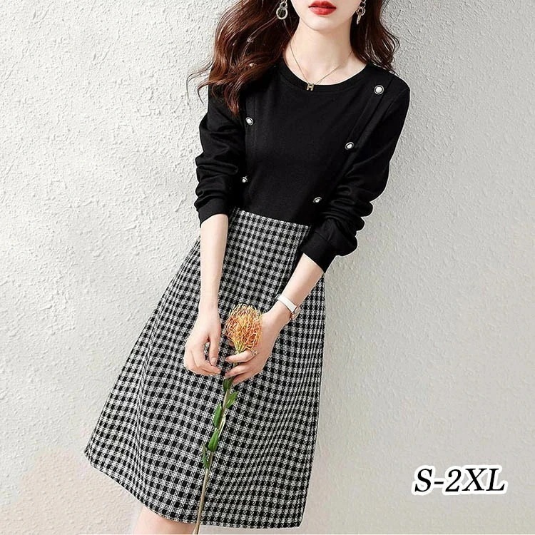 【2025新作】ニットワンピース レディース 秋冬 長袖 ロング丈ニットワンピース 切り替え チェック柄 クルーネックニット ミモレ 半端丈 Aライン 膝丈 通勤 OL 30代 40代 50代