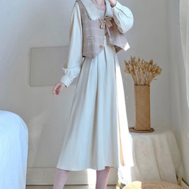 ワンピース デート ベスト かわいい 大人可愛い きれいめ シンプル カジュアル 大人 上品 襟付き ベスト ロング丈 長袖 チェック ひざ下 ミモレ丈 デート お出かけ 学生 韓国 アプリコット