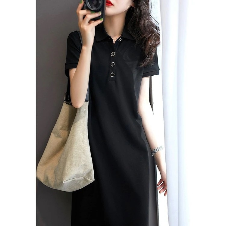 【1つ買うと10個無料】シャツワンピース レディース 40代 きれいめ 膝丈ワンピース 新作 半袖ワンピース 黒 ポロ襟