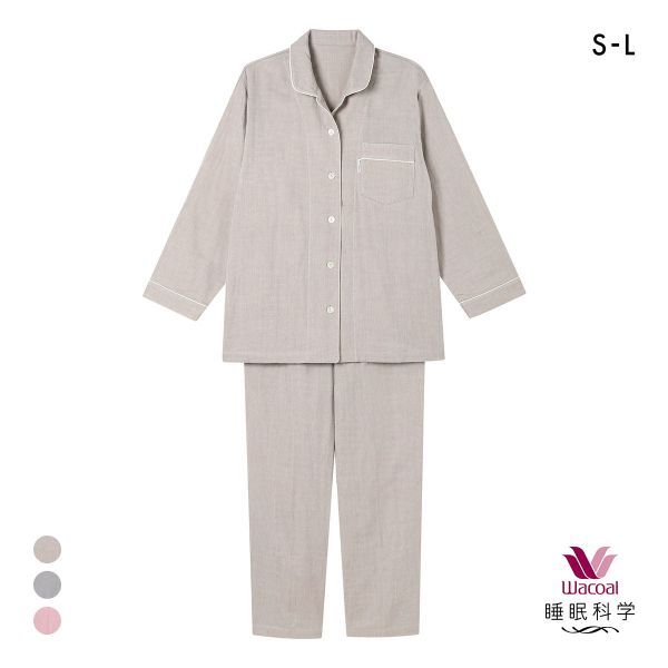 ワコール 睡眠科学 レディース 三重ガーゼ シャツパジャマ 長袖 上下セット 綿100％ ふんわりや