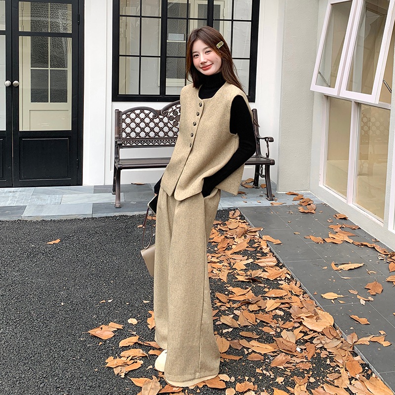 カーキスーツベストワイドパンツスーツ女性用秋新作高級韓国風シンプル超美形2点セット