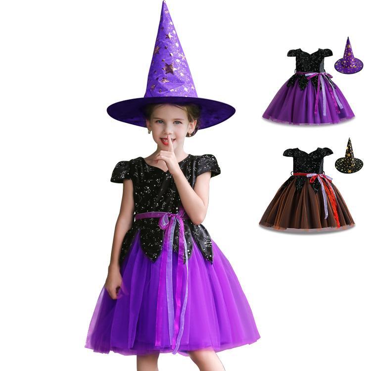 【新タイプ追加】ハロウィンドレス 魔女 コスチューム キッズ用 仮装 コスプレ衣装 子供服 女子 半袖 ワンピース 帽子 2点セット 舞台服 パーティー イベント