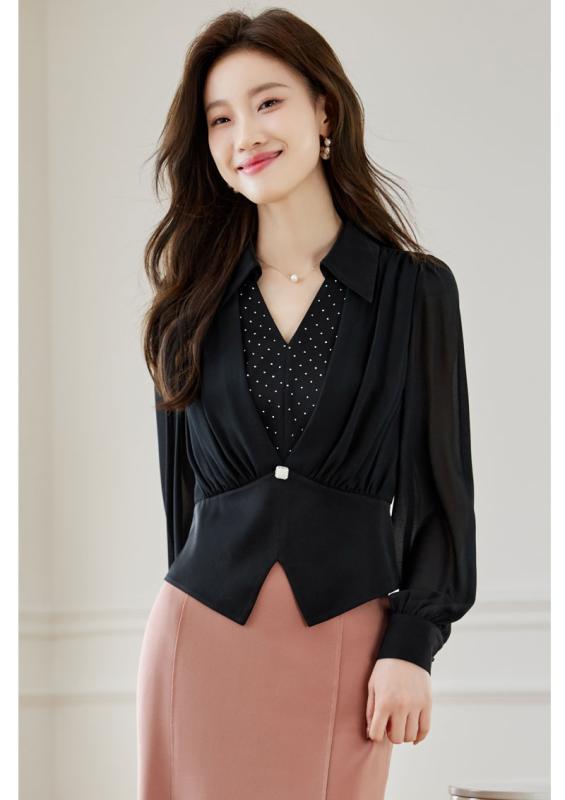 シフォンシャツ ブラウス レディース 春 上品 女性 カジュアル フェイク ショート 長袖 Vネック プルオーバー 通勤 オフィス 薄手 軽量 柔らかい トップス スリムフィット 7,180円