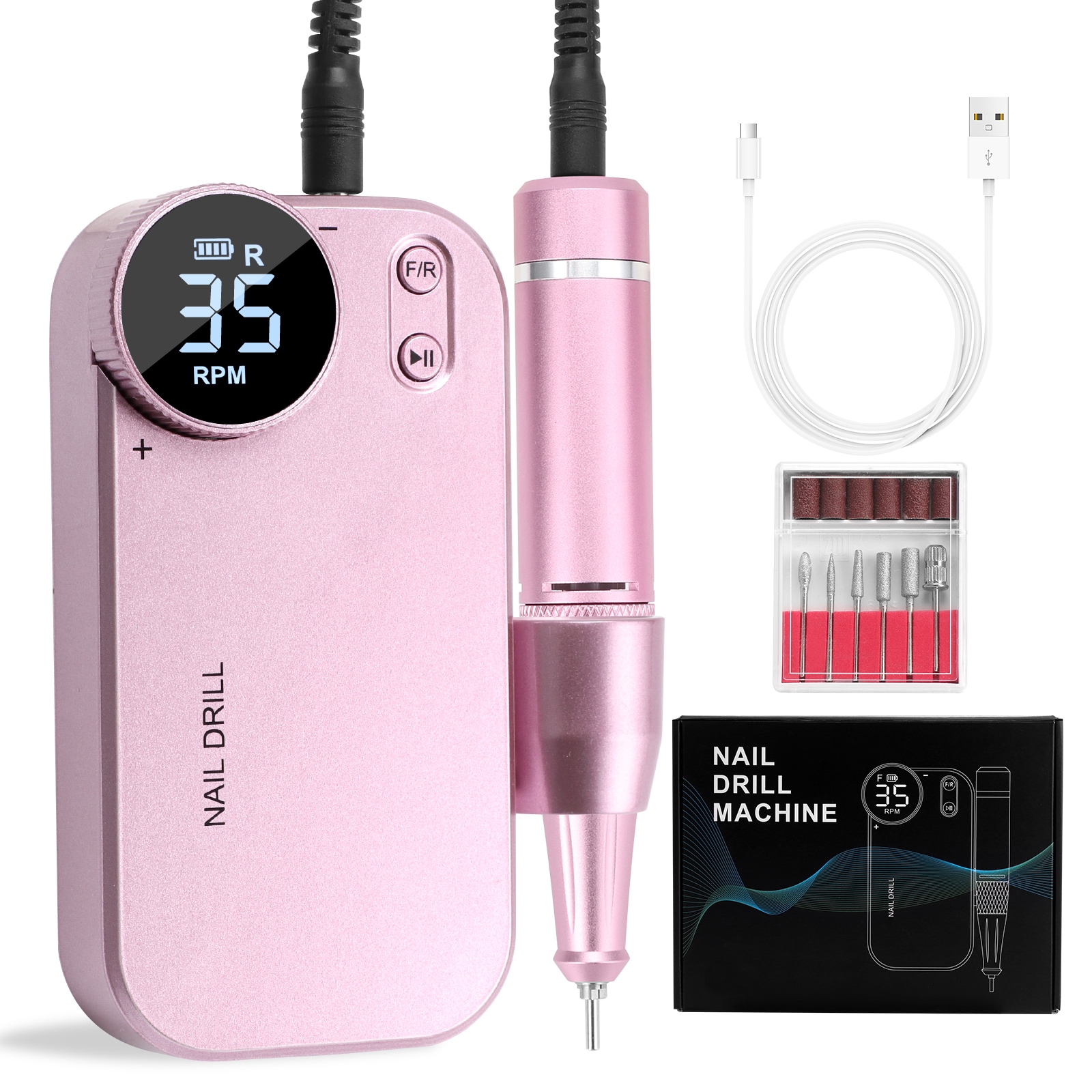 電動ネイルマシン 充電式 4500mAh 可10時間連続作業 LCD画面 電動ネイルケアキット0-35000RPM 正/反回転切り替え ネイルドリル 6本のビット 6個サンディングバンド付き