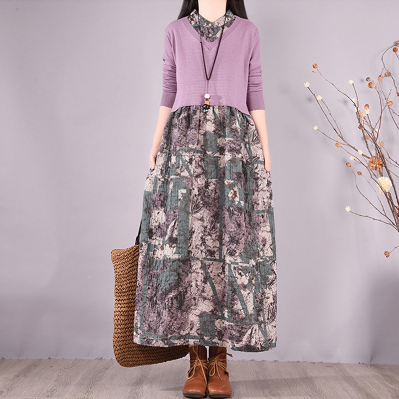 重ね着風 フェイクレイヤード バンドカラー ニットソー切替え シャツワンピース 膝下 ミモレ丈