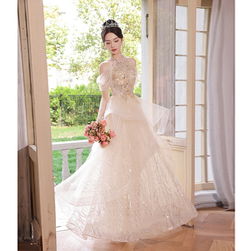 女性用シャンパンドレス 2024 ホルターネック シン エンゲージメント ファッション プリンセス スーパー バンケット ドレス