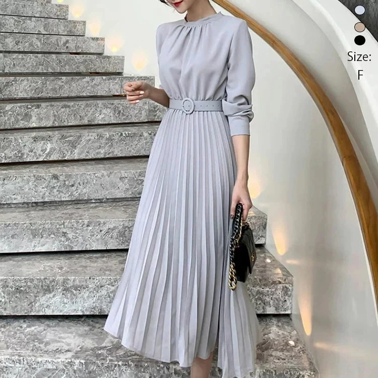 長袖ワンピースロングワンピースプリーツワンピーススタンドカラーレIディースロング丈プリーツ柔らかふんわりAラインゆったり大きいサイズ体型カバーきれいめおしゃれ通勤入園式卒業式デザインフォ