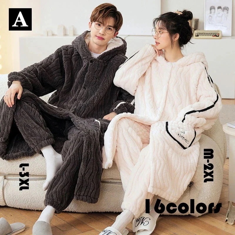 カップルウエア レディースメンズ 男女 オシャレ ペアパジャマ 上下セット 前開き もこもこ ふわふわ あったか バスローブ ナイトローブ サンゴネル 裏起毛 厚手 防寒 ウエア 部屋