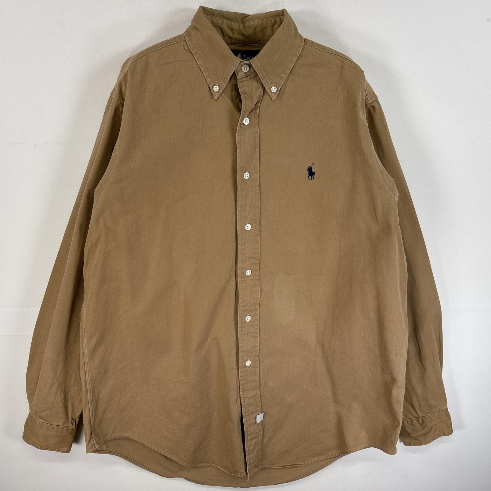 古着 90s/90年代 長袖シャツ ワンポイント ロゴ 刺繍 ボタンダウンシャツ 厚手 M ブラウン系 無地 メンズ