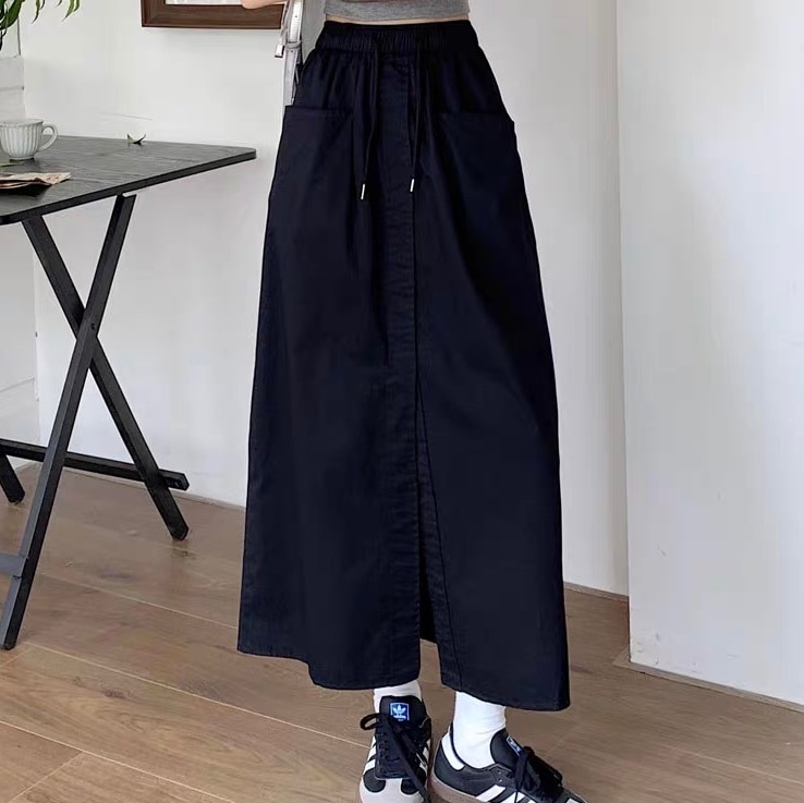 レディース スカート ボトムス カラースカート フレアスカート ロングスカート ロング マキシ Aライン フェミニン ストリート スリット ポケット ハイウエスト ドロスト アメカジ シンプル ルーズ