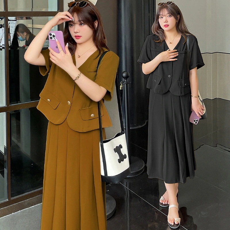 【ぽちゃまに】 夏新品 上下セット 大きいサイズ レトロ トップス＋スカート 体型カバー セットアップ メガ割30%までに制限