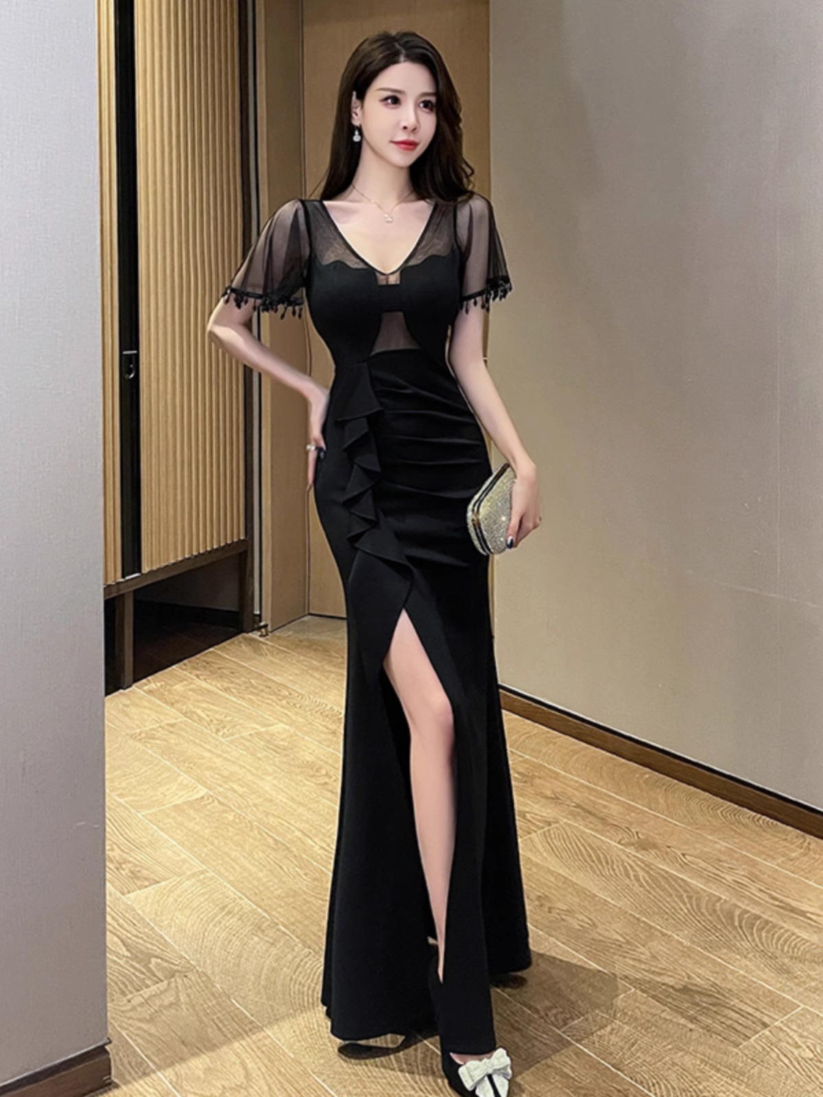 夏の新作イブニングドレス開叉ロングスカート