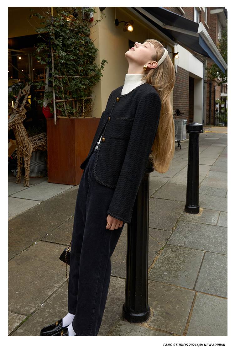 秋 フランス レトロ アウター コート 上着 ショート丈 袖あり 長袖 ラウンドネック 襟なし シングルブレスト レギュラー ポケット 前開き ボタン ポリエステル かわいい 大人可愛い きれいめ 大