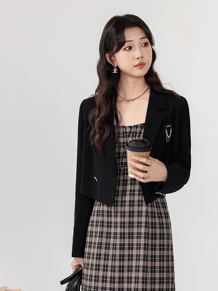 【送.料.無.料.急速発送】【新作】秋の黒ジャケットチェックサスペンダー開脚スリムワンピース2着