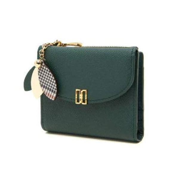 DCWA3E307E2 ミスティフラワーグリーンレザーチェックフラワー装飾二つ折り財布