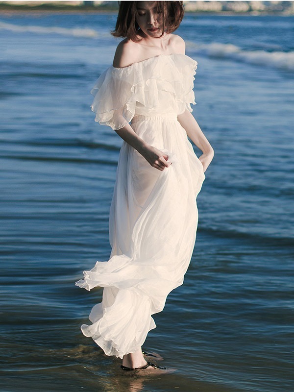 スカートロングスカート夏 ワンピース 夏 透け感 リゾートワンピース シフォン 3wayアレンジ 白 ホワイト おしゃれ ボヘミア風 肩出し 大人の かわいい 涼しい フレア袖 オフショルダー ふわふ