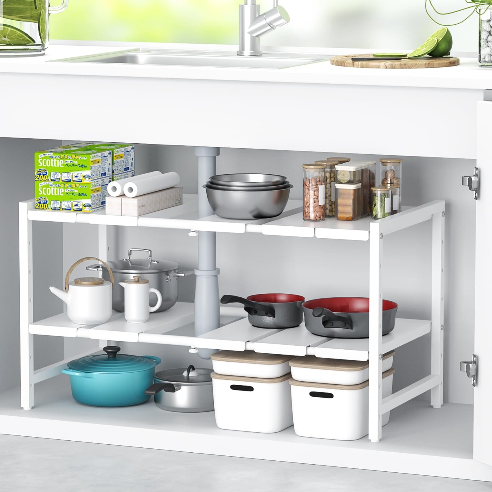 【高さ調整横幅伸縮40～70cm】シンク下 収納ラック DAIWIN 伸縮 洗面台下 収納 2段 キッチン下収納 伸縮ラック シンク下収納 観音開き 台所スチールラック 組み立て簡単 省スペース 伸