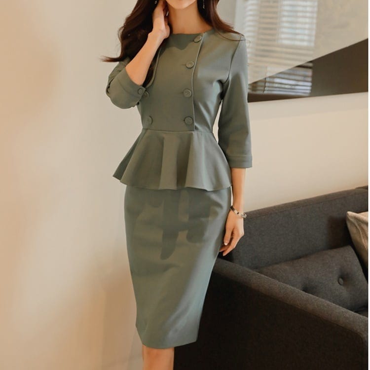 ワンピース レディース ミディアム丈 ひざ丈 七分袖 クルーネック タイト ペンシルスカート ペプラム ドッキング 膝丈 無地 ポリエステル 可愛い かわいい 韓国 シンプル きれいめ 大人 lsu0