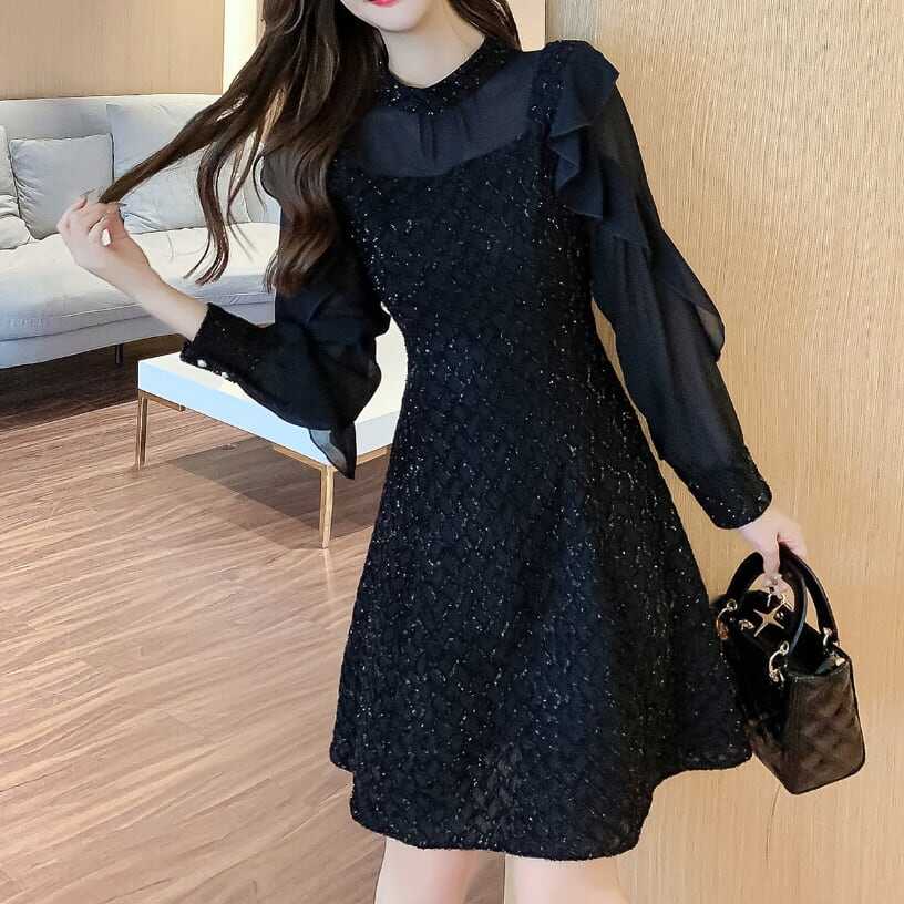 ワンピース 上着 人気 おすすめ おしゃれ お洒落 激安 安い プチプラ 長袖 ロング シースルー ラウンドネック 丸首 ふんわり ミニスカート 無地 フリル 透け ポリエステル 可愛い l