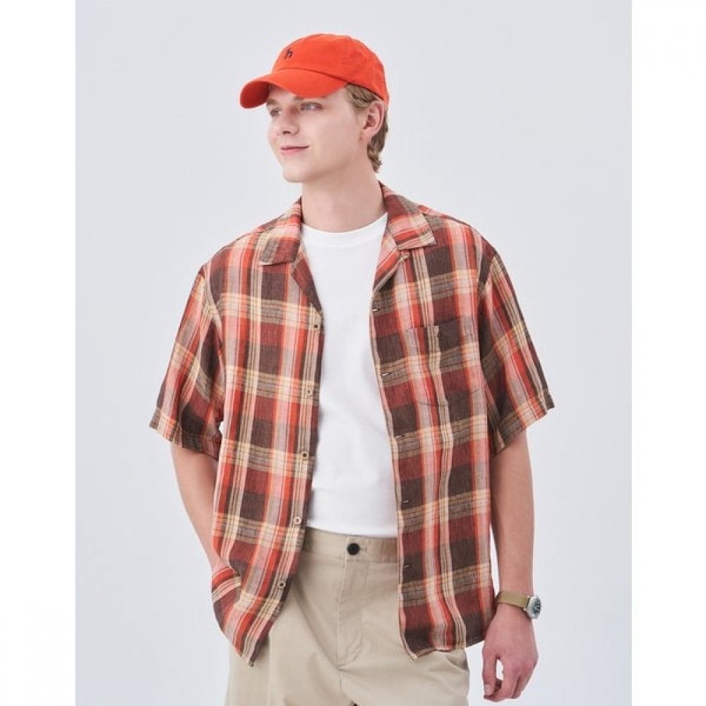 [24SS] ブラウンリネンチェックオープンカラーショートスリーブシャツHZSH4B532W2