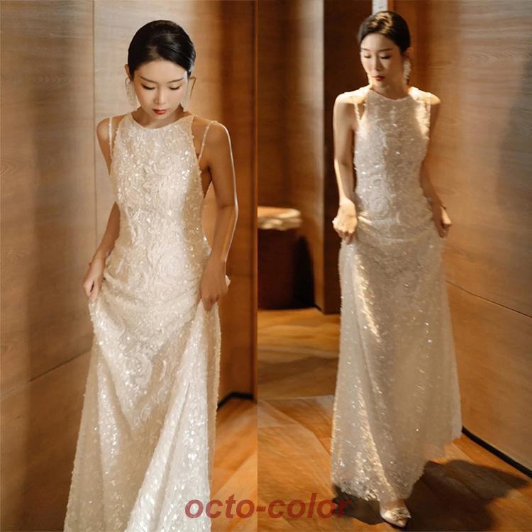 イブニングドレス ノースリーブ ホルターネック ロングドレス 白 スパンコール キラキラ キレイめ 発表会ドレス ホワイト 演奏会ドレス パーティードレス 結婚式