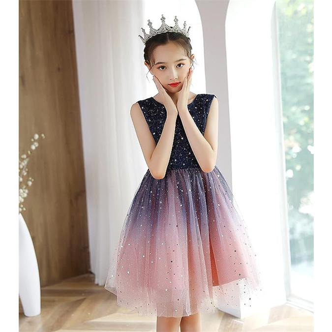 フォーマル 誕生日 ネイビー ワンピース 発表会 女の子 パーティードレス 星 スパンコール ドレス グラデーション 子供服 キッズ 韓国ファッション