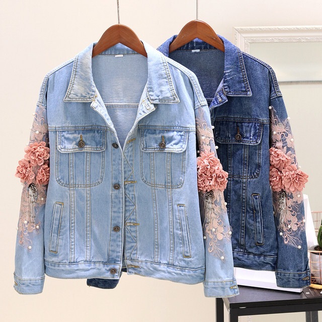 【送料無料】レディース 刺繍 三次元 花 パール ビーズ ショート デニム ジャケット
