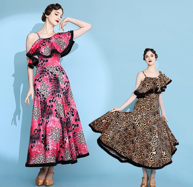 モダンドレス 豹柄 マキシ丈 社交ダンス衣装 ワルツダンス ドレス スカラップ ラテンドレス スタンダードドレス ロング丈 ワンピース 社交ダンスドレス 大きい裾 豪華 ダンスウエア ダンス発表会 団