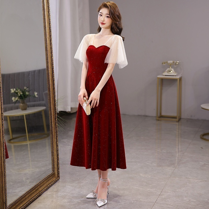 バーガンディ乾杯ドレス花嫁 2025 新春結婚式婚約ホームイブニングドレスフレンチプラスサイズドレス