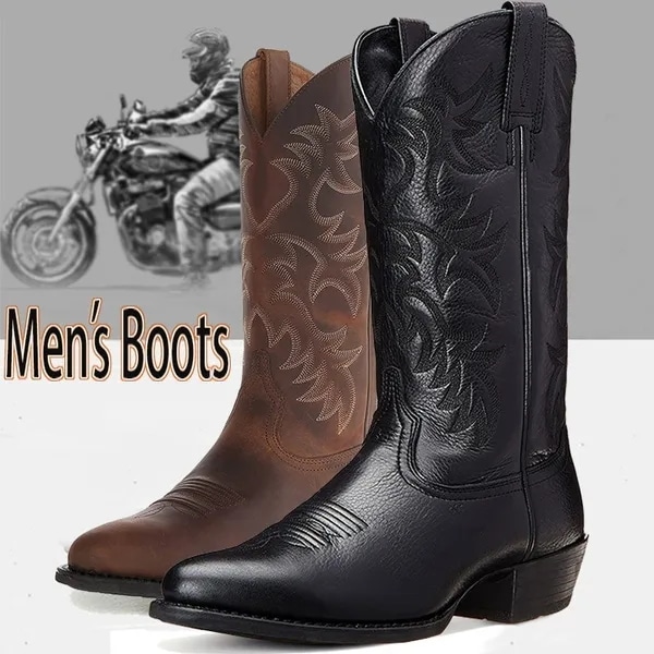 Vintage Cowboy Boots Mens PU Western Boots High Quality Mid Calf Leather Boots Male Autumn Leather B