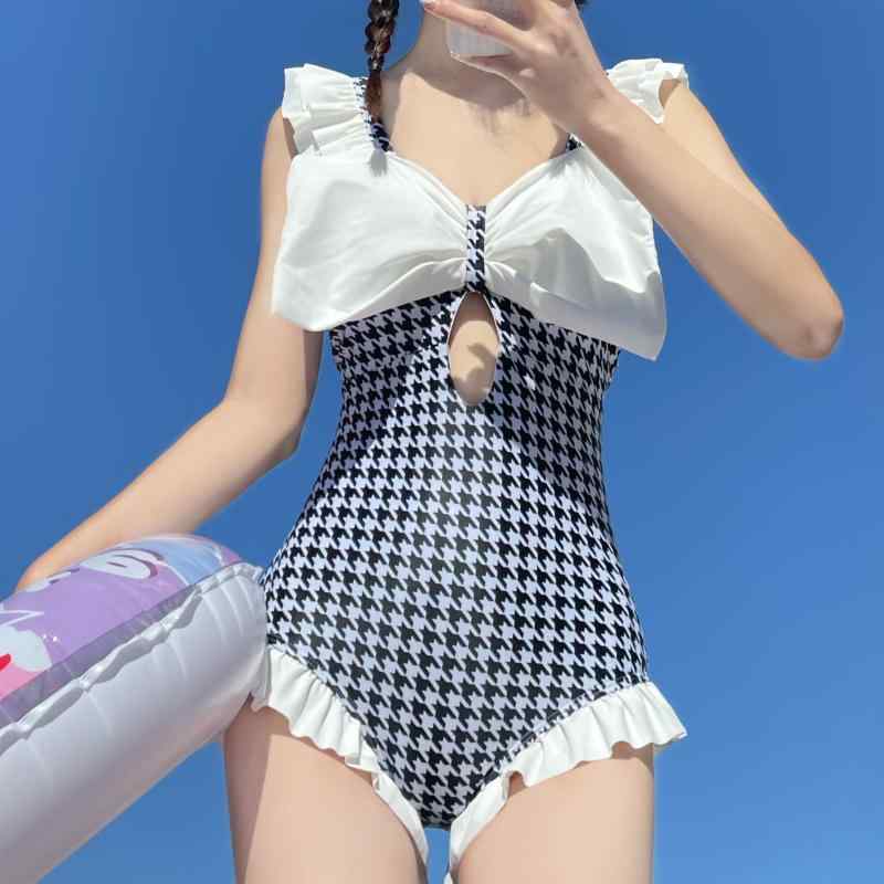 水着 レディース かわいい 夏 サマー チェック柄 千鳥格子 カジュアル ノースリーブ 三角 ワンピース