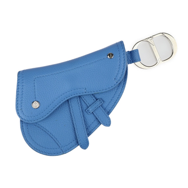 超美品 Christian Dior クリスチャンディオール コインケース - SADDLE POACH サドルポーチ レザー ブルー シルバー金具 アクセサリーポーチ キーリ【本物保証】